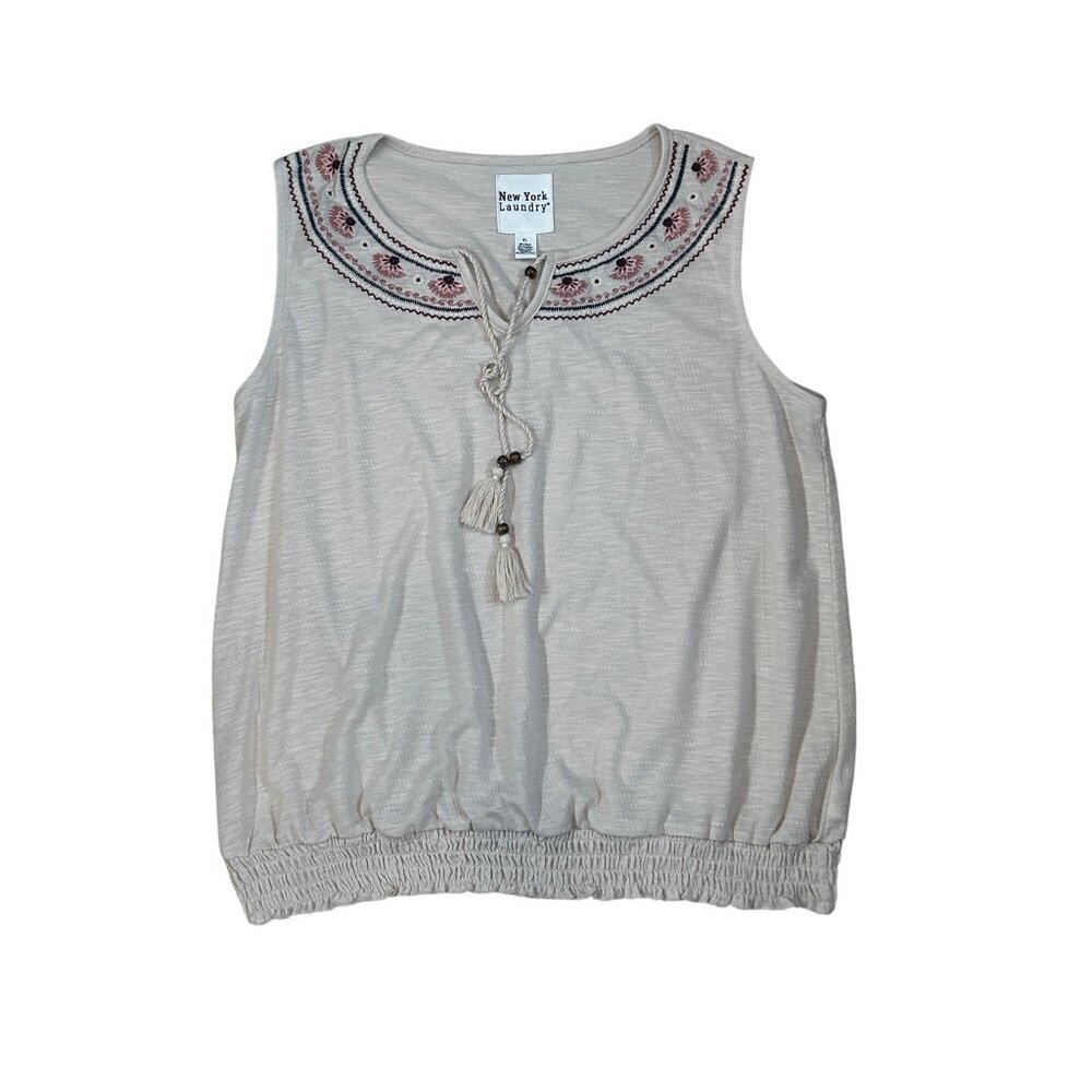 New York Laundry Embroidered Sleeveless Top XL Beige/Pink Boho Style 1871